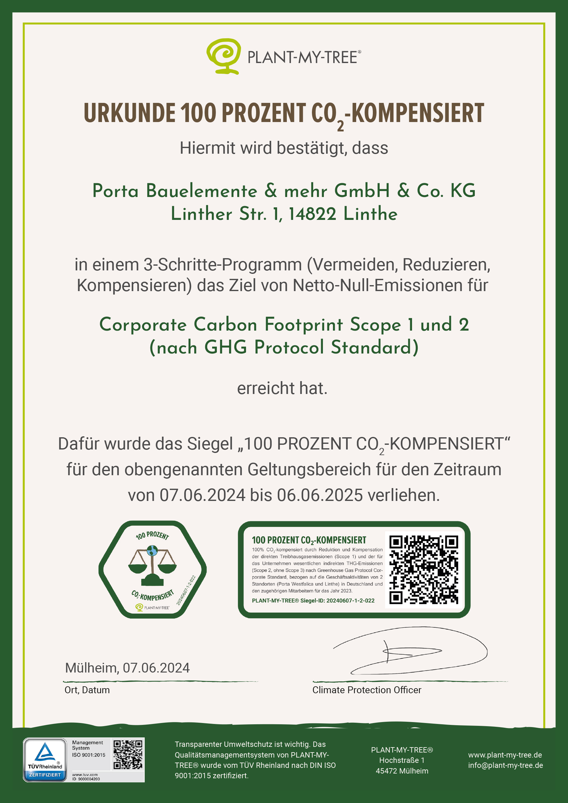 Urkunde CO2 Kompensiert Porta